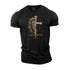 A black Men's Cotton T-Shirt with a graphic design of a lion and the text 'MAN OF FAITH' on the front.